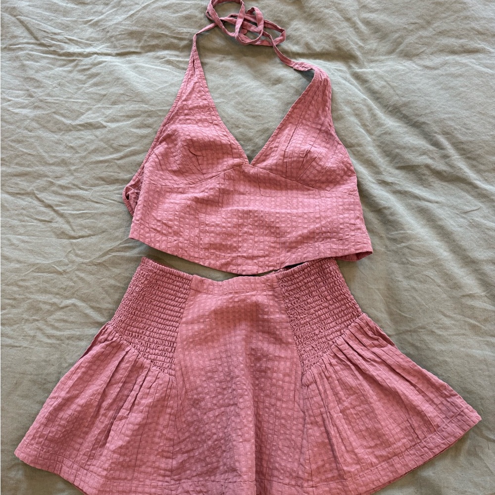 Free People Free-est Drew Pucker Check Skirt Set in plum dust Small